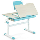 Height-adjustable kids desk in blue with tilt desktop and book stand, perfect for writing, drawing, and reading.