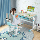 Height-adjustable kids desk in blue with tilt desktop, ideal for writing, drawing, and reading in a child's study area.