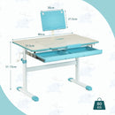 Height-adjustable kids desk in blue with tilt desktop, storage drawer, and book stand for studying and drawing.