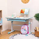 Height-adjustable kids desk in blue with tilt desktop and book stand, perfect for studying, drawing, and reading.