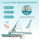 Height-adjustable kids desk in blue with 7-level tilt desktop, ideal for writing, drawing, and reading activities.