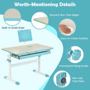 Height-adjustable kids desk in blue with tilt desktop, round corners, and non-slip foot pads for safe study and play.