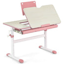 Height-adjustable kids desk in pink with tilt desktop and book stand, perfect for writing, drawing, and reading.