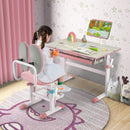 Height-adjustable pink kids desk with tilt desktop and book stand, perfect for studying, drawing, and reading.
