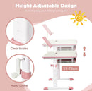 Height-adjustable kids desk in pink with tilt desktop, hand crank, and storage drawer, ideal for studying and drawing.