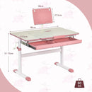 Height-adjustable pink kids desk with tilt desktop, storage drawer, and book stand for studying and drawing.