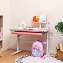 Height-adjustable kids desk in pink featuring a spacious tabletop and book stand, ideal for reading and creative.