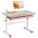 Height-adjustable kids desk in pink with tilt desktop and book stand, perfect for studying, drawing, and reading.