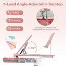 Height-adjustable kids desk in pink with 7-level tilt desktop for writing, drawing, and reading, featuring a sturdy.