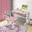 Pink height-adjustable kids desk with a tilt desktop and round corners for safe studying, drawing, and reading.