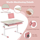 Height-adjustable kids desk in pink with tilt desktop, built-in ruler, and non-slip foot pads for safe study and play.