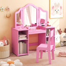 Kids vanity table set in pink with removable tri-fold mirror and storage compartments, perfect for dressing or studying.