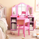 Kids pink vanity table set with removable tri-fold mirror and matching chair, featuring ample storage for accessories.