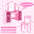 Kids vanity table and chair set in pink with removable tri-fold mirror and spacious storage compartments for ages 3+.