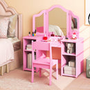 Kids vanity table set in pink with removable tri-fold mirror and storage compartments, ideal for dressing or studying.