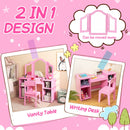 Kids' 2-in-1 vanity table and writing desk set in pink with removable tri-fold mirror and spacious storage compartments.