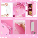 Kids vanity table set in pink with removable tri-fold mirror, spacious desktop, and 4 storage compartments for.