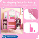 Kids vanity table set in pink with removable tri-fold mirror and anti-tipping device for safety and stability.