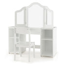 Kids vanity table set with removable tri-fold mirror, white MDF, and storage compartments for cosmetics and toys.