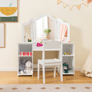 Kids vanity table and chair set with removable tri-fold mirror, featuring storage compartments for cosmetics and.