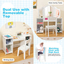 Kids vanity table set with removable tri-fold mirror, featuring storage compartments and matching high-back chair for.
