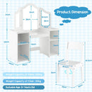 Kids vanity table set with removable tri-fold mirror, MDF material, and 4 storage compartments for ages 3+.