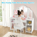 Kids vanity table set with removable tri-fold mirror, storage compartments, and matching chair for ages 3+.