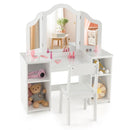 Kids vanity table set with removable tri-fold mirror, white MDF finish, and spacious storage for cosmetics and toys.