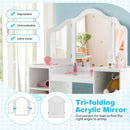 Kids vanity table set with removable tri-fold mirror, MDF material, and spacious storage for cosmetics and accessories.