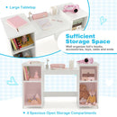 Kids vanity table set with removable tri-fold mirror, featuring 4 spacious storage compartments for toys and.