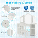 Kids vanity table set with removable tri-fold mirror, MDF construction, and anti-tipping device for safety and.