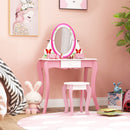 Kids makeup dressing desk set in pink with 360° rotating mirror and storage, perfect for imaginative play.