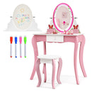 Kids makeup dressing desk set with 360° rotating acrylic mirror, pink design, includes colorful markers and storage.