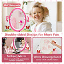 Kids makeup dressing desk set featuring a 360° rotating acrylic mirror and white drawing board with 4 colorful markers.