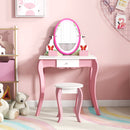 Kids vanity dressing table set with a 360° rotatable mirror and whiteboard, includes storage grids and colorful markers.