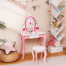 Kids makeup dressing desk set in pink with 360° rotating mirror, storage drawers, and stool for creative play.