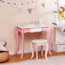 Kids makeup dressing desk set in pink with 360° rotating mirror, drawer, and storage grids for creative play.