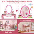 Kids makeup dressing desk set with 360° rotating mirror, pink vanity table, and colorful markers for creative play.