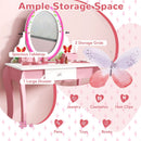 Kids makeup dressing desk set with 360° rotating mirror, spacious tabletop, and storage grids for organizing.