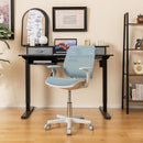 Kids swivel mesh computer chair in blue with adjustable height, ergonomic backrest, and sit-brake wheels for safety.