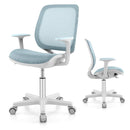 Kids swivel mesh chair in blue showcasing a side view, featuring adjustable height for growing children and smooth.