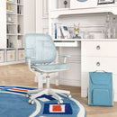 Kids swivel mesh computer chair in blue, featuring a side view with smooth armrests and durable nylon mesh for comfort.
