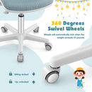 Kids swivel mesh computer chair in blue with 360° swivel wheels and adjustable height for ages 6-15.