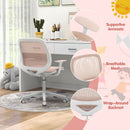 Kids swivel mesh computer chair in pink with adjustable height, ergonomic backrest, and breathable mesh for comfort.