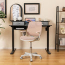 Kids swivel mesh computer chair in pink with adjustable height, ergonomic backrest, and smooth armrests for comfort.