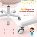 Close-up of the kids swivel chair's 360° swivel wheels, featuring sit-brake function for safety and easy movement.