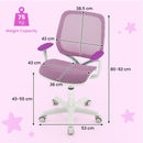 Height-adjustable kids swivel mesh chair in purple with smooth armrests and breathable fabric for all-day comfort.
