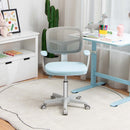 Kids study chair in blue with adjustable height, ergonomic mesh backrest, and 360° swivel for comfortable learning.