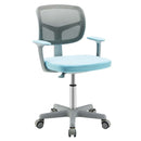 Kids study chair in blue with adjustable height, breathable mesh backrest, and 360° swivel for comfortable learning.