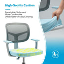 Breathable blue cushion on a kids' study chair, featuring a soft, detachable design for easy cleaning and comfort.